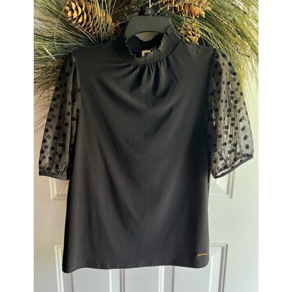 Anne Klein Short sleeved black top with sheer puff sleeves, Size Small - Picture 1 of 15